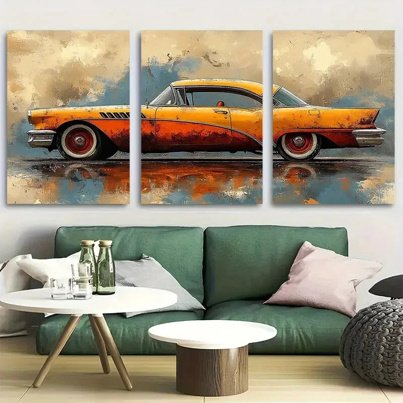 3pcs Classic Car with Water Reflection Metal Print Ready to Hang Art