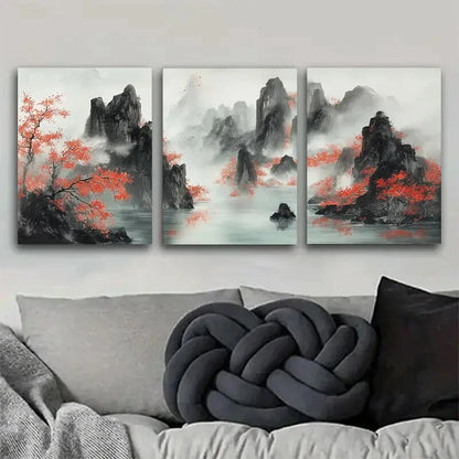 3pcs Mountain Landscape Red Swirl Décor Perfect Wall Art Set Canvas Framed 40x60cm - High Quality Print 100% Australian Made Wall Canvas Ready to Hang
