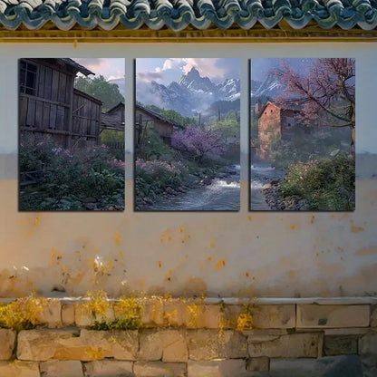 3pcs Rustic Landscape and Houses Metal Print Ready to Hang Art