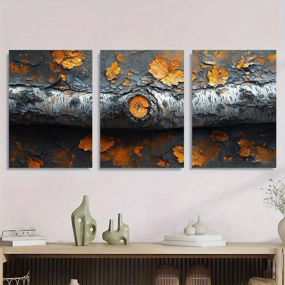 3pcs Birch Tree Trunk Bark Golden Leaves Metal Print Ready to Hang Art