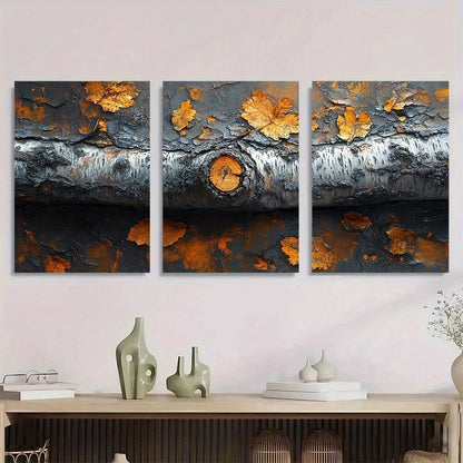3pcs Birch Tree Trunk Bark Golden Leaves Metal Print Ready to Hang Art