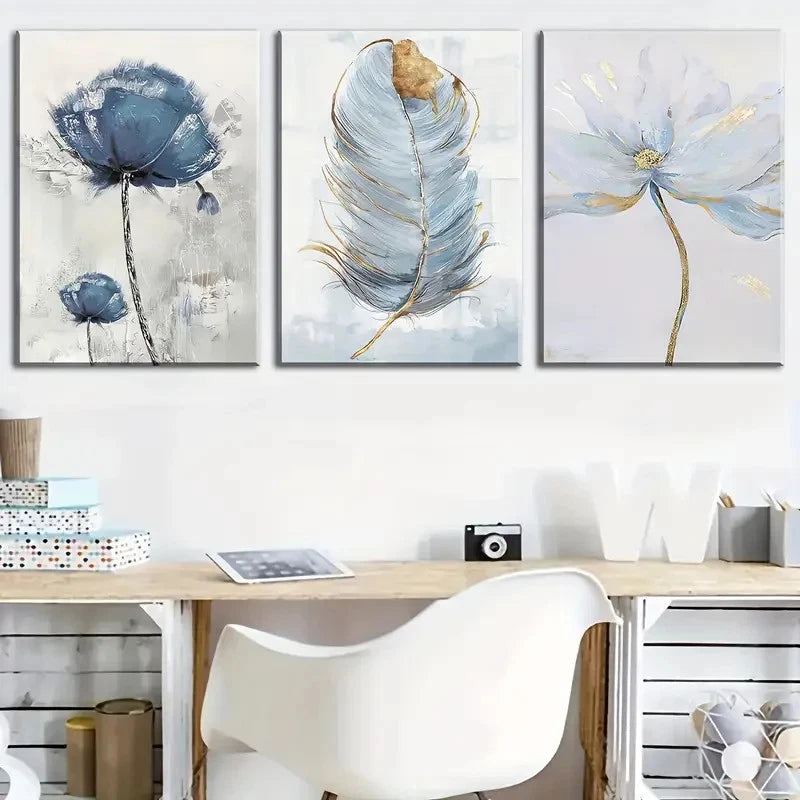 3pcs Modern Floral and Feather Designs Metal Print Ready to Hang Art