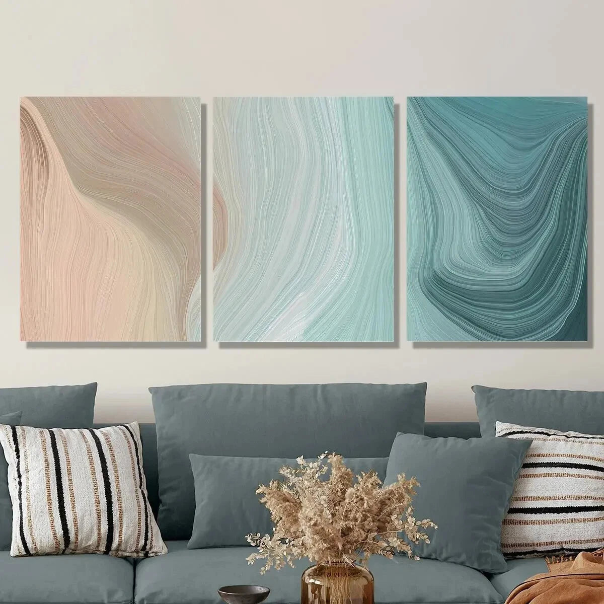3pcs Brown Beige Teal Swirls Modern Metal Print Ready to Hang Art