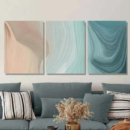 3pcs Brown Beige Teal Swirls Modern Metal Print Ready to Hang Art