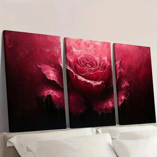 3pcs Dark Red Rose with Dripping Paint Wall Art Set Canvas Framed 40x60cm - High Quality Print 100% Australian Made Wall Canvas Ready to Hang