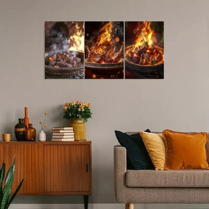 3pcs Vintage-Inspired with Warm Fire & Meat Scene Metal Print Ready to Hang Art