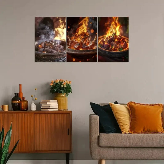 3pcs Vintage-Inspired with Warm Fire & Meat Scene Metal Print Ready to Hang Art