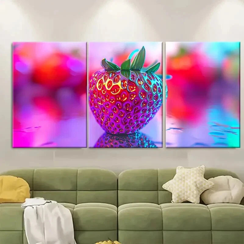 3pcs Vibrant Holographic Strawberry Illustration Metal Print Ready to Hang Art