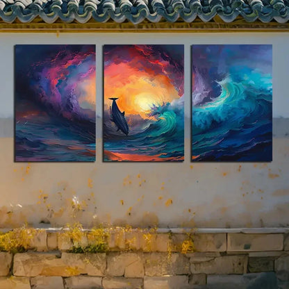 3pcs Vibrant Dolphin Seascape Abstract Ocean Wave Metal Print Ready to Hang Art