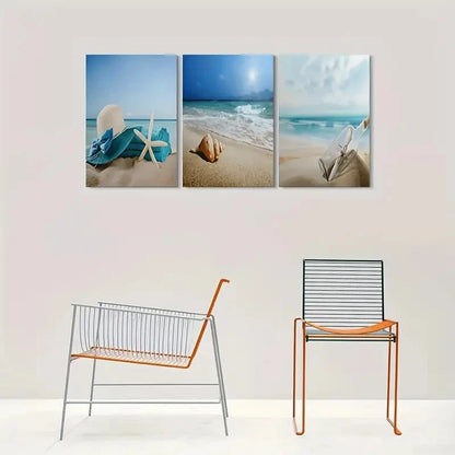 3pcs Beach Ocean Waves and Seashells Metal Print Ready to Hang Art