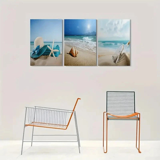 3pcs Beach Ocean Waves and Seashells Metal Print Ready to Hang Art
