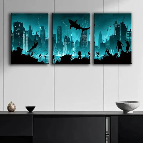 3pcs A City Submerged in the Ocean Blue Dark Wall Art Set Canvas Unframed - High Quality Print 100% Australian Made Wall Canvas