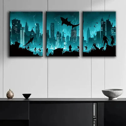3pcs A City Submerged in the Ocean Blue Dark Wall Art Set Canvas Unframed - High Quality Print 100% Australian Made Wall Canvas