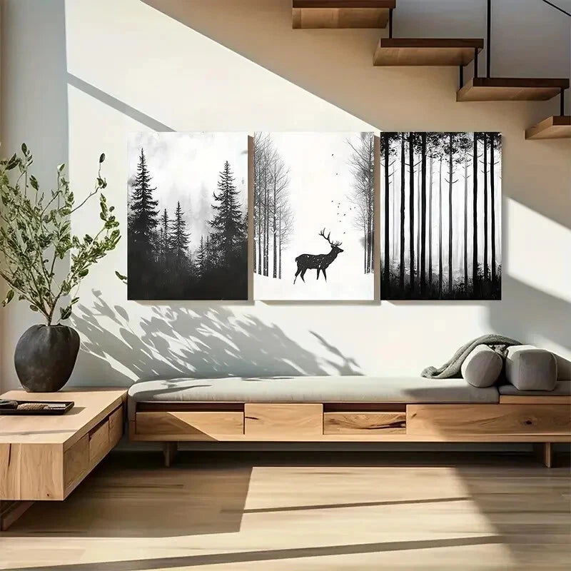 3pcs Deer in Winter Forest Nature Design Metal Print Ready to Hang Art