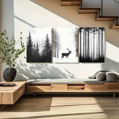 3pcs Deer in Winter Forest Nature Design Metal Print Ready to Hang Art