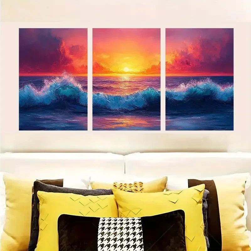 3pcs Vibrant Sunset Over Crashing Ocean Waves Wall Art Set Canvas Framed 60x90cm - High Quality Print 100% Australian Made Wall Canvas Ready to Hang