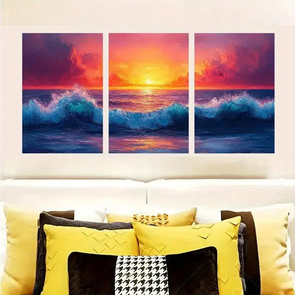 3pcs Vibrant Sunset Over Crashing Ocean Waves Wall Art Set Canvas Framed 60x90cm - High Quality Print 100% Australian Made Wall Canvas Ready to Hang