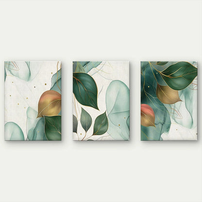 3pcs Abstract Botanical Green and Gold Leaves Wall Art Set Canvas Framed 50x70cm - High Quality Print 100% Australian Made Wall Canvas Ready to Hang