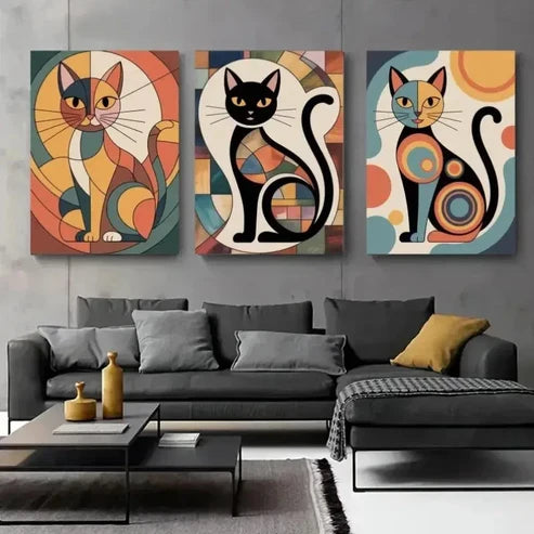 3pcs Abstract Cat Geometric Shapes, Color Block Wall Art Canvas Unframed - High Quality Print 100% Australian Made Wall Canvas