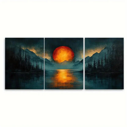 3pcs Cold Toned Blues Grunge Orange Sunset View Wall Art Set Canvas Framed 60x90cm - High Quality Print 100% Australian Made Wall Canvas Ready to Hang