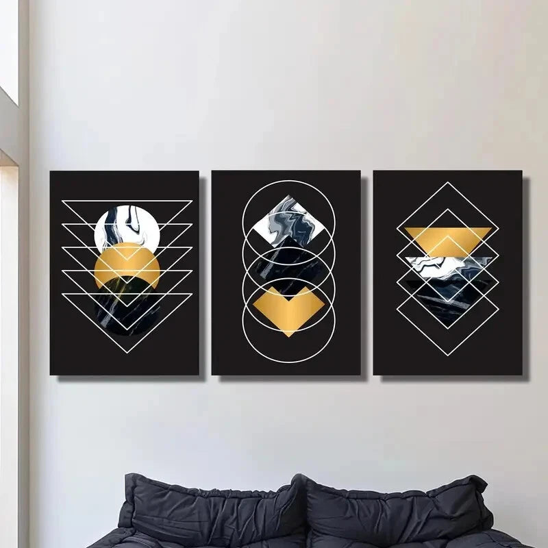3pcs Luxurious art, geometric circle triangle Metal Print Ready to Hang Art