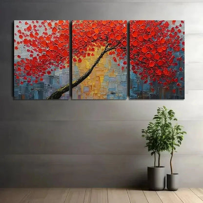3pcs Featuring Red Leaves Retro Art Paintings Metal Print Ready to Hang Art