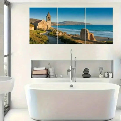 3pcs Natural Beach Scene with Church & Blue Sea Metal Print Ready to Hang Art