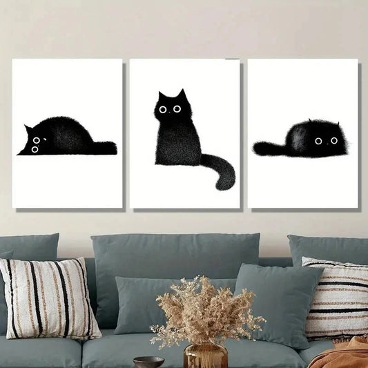 3pcs Cute Black Cat Illustrations Metal Print Ready to Hang Art