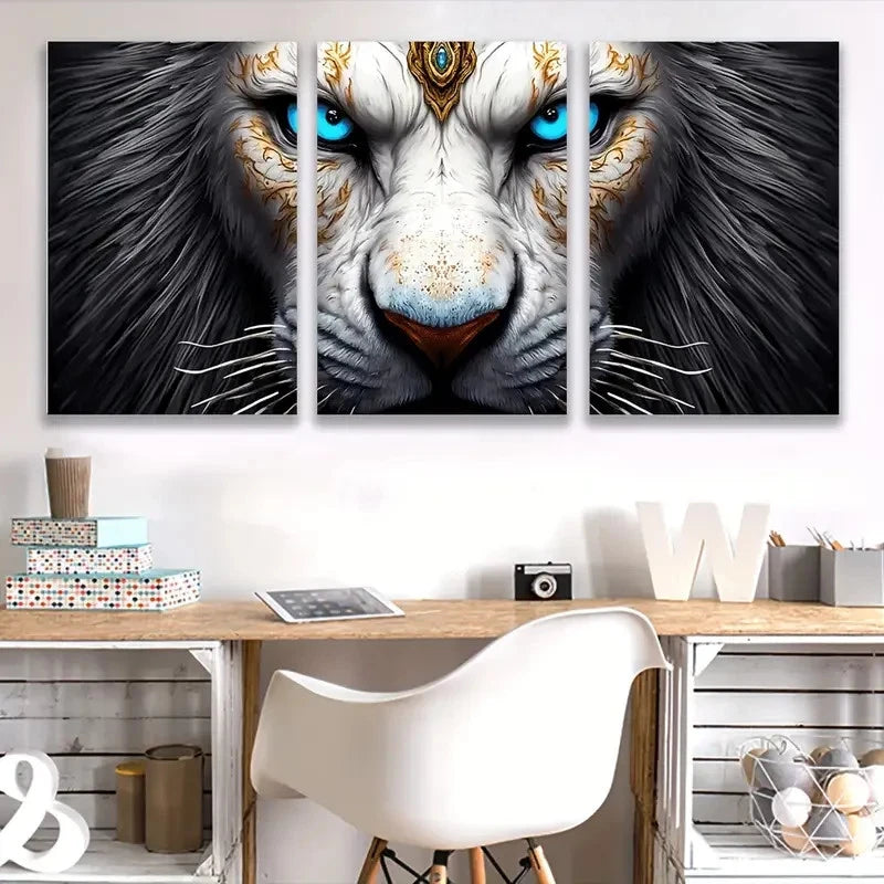 3pcs Abstract White Lion Painting Wall Art Set Canvas Framed 60x90cm - High Quality Print 100% Australian Made Wall Canvas Ready to Hang