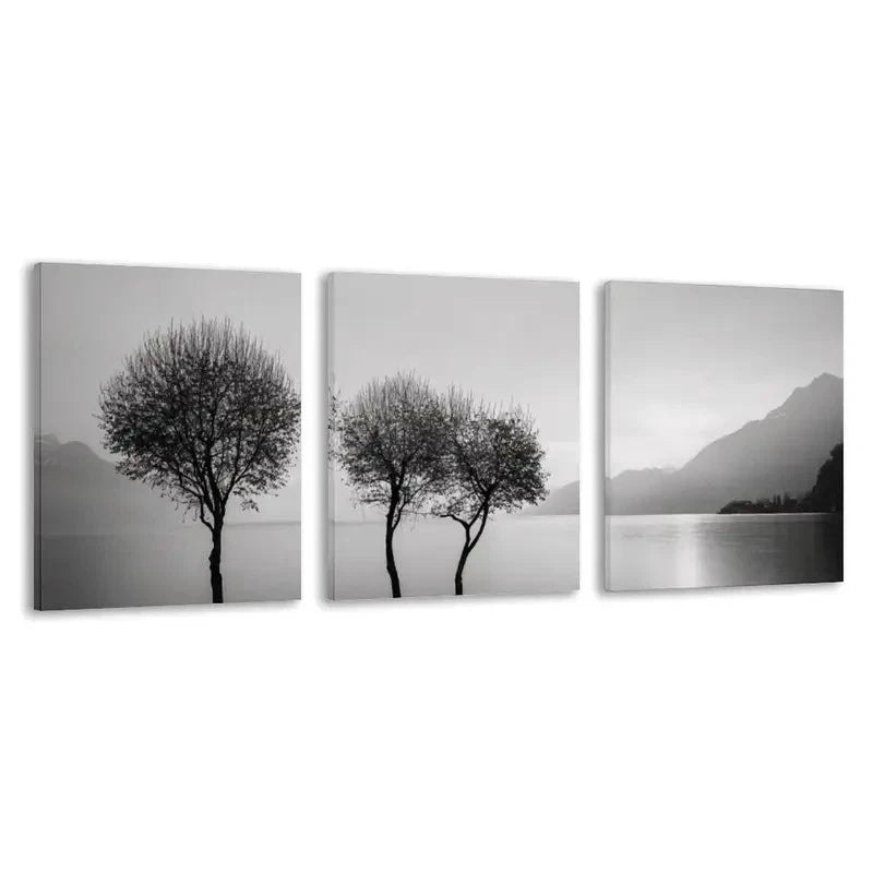 3pcs Black & White Three Trees by the Lake Wall Art Set Canvas Framed 60x90cm - High Quality Print 100% Australian Made Wall Canvas Ready to Hang