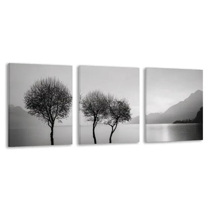 3pcs Black & White Three Trees by the Lake Wall Art Set Canvas Framed 60x90cm - High Quality Print 100% Australian Made Wall Canvas Ready to Hang