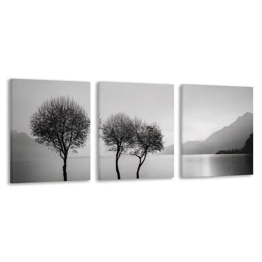 3pcs Black & White Three Trees by the Lake Wall Art Set Canvas Framed 60x90cm - High Quality Print 100% Australian Made Wall Canvas Ready to Hang