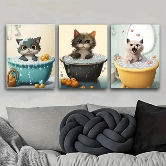 3pcs Whimsical Cat Adorable Kitten Bathroom Metal Print Ready to Hang Art