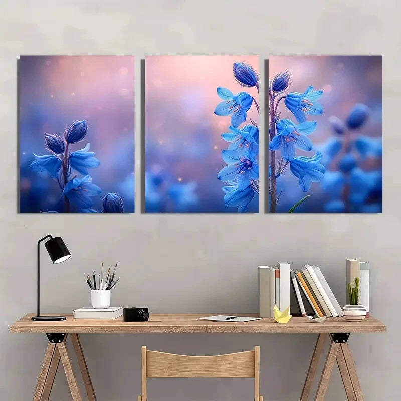 3pcs Featuring Vibrant Bluebells in Pink and Blue Metal Print Ready to Hang Art