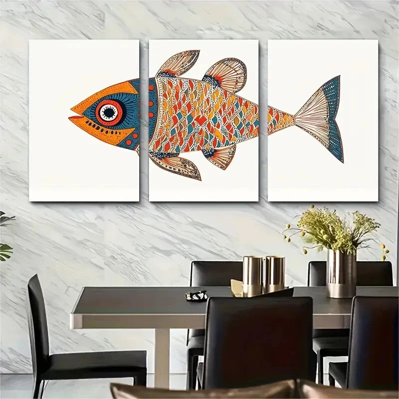 3pcs Vibrant Madhubani Fish Wall Art Prints Metal Print Ready to Hang Art