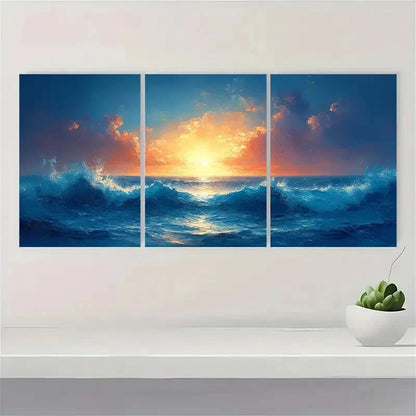 3pcs Abstract Blue Ocean Seascape Oil Paintings Metal Print Ready to Hang Art