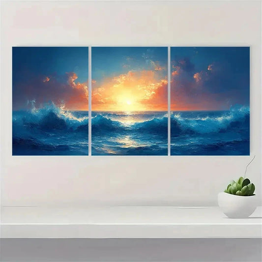 3pcs Abstract Blue Ocean Seascape Oil Paintings Metal Print Ready to Hang Art