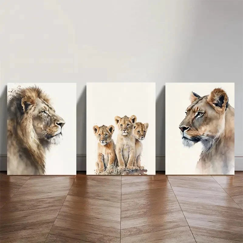 3pcs Safari Animals African Lions Minimalist Metal Print Ready to Hang Art