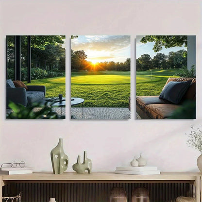 3pcs Vibrant Green Fairway & Sunset Scenery Metal Print Ready to Hang Art