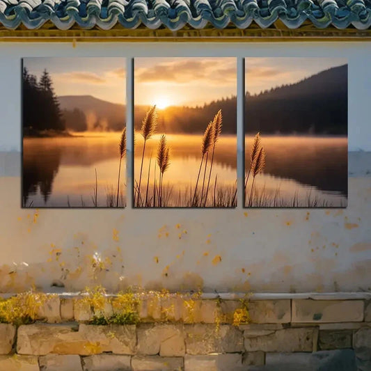 3pcs Reeds by the Lake with Sunlit Scene Metal Print Ready to Hang Art