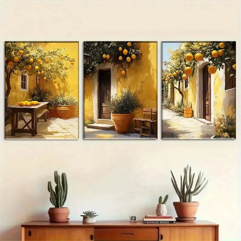 3pcs Rustic Mediterranean Orange Tree Metal Print Ready to Hang Art