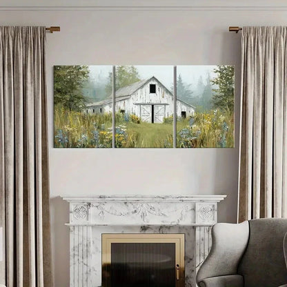 3pcs Wildflowers Farmhouse Scene White Barn Metal Print Ready to Hang Art