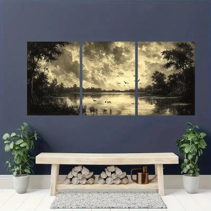 3pcs Vintage Birds by Pond Rustic Nature Metal Print Ready to Hang Art