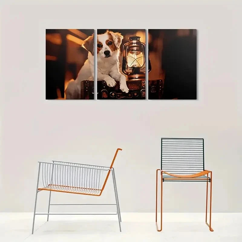 3pcs Vintage Style Lantern & Dog Metal Print Ready to Hang Art