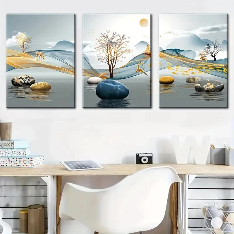 3pcs Landscape Elk Abstract Geometric Art Metal Print Ready to Hang Art