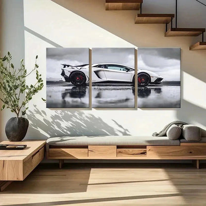 3pcs White Lambo Super Car Modern Vehicle Wall Art Set Canvas Framed 40x60cm - High Quality Print 100% Australian Made Wall Canvas Ready to Hang