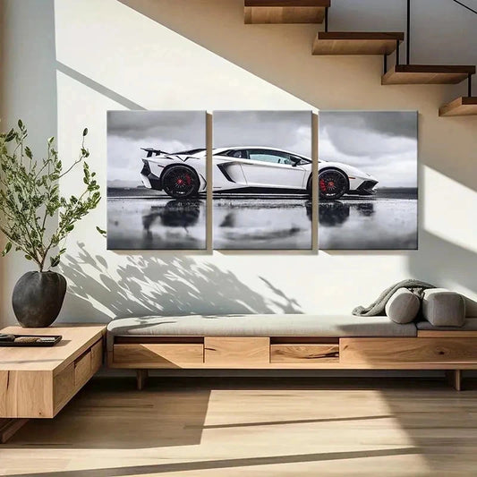 3pcs White Lambo Super Car Modern Vehicle Wall Art Set Canvas Framed 40x60cm - High Quality Print 100% Australian Made Wall Canvas Ready to Hang