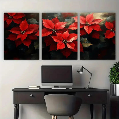 3pcs Poinsettia Flowers Impasto Design Wall Art Set Canvas Framed 50x70cm - High Quality Print 100% Australian Made Wall Canvas Ready to Hang