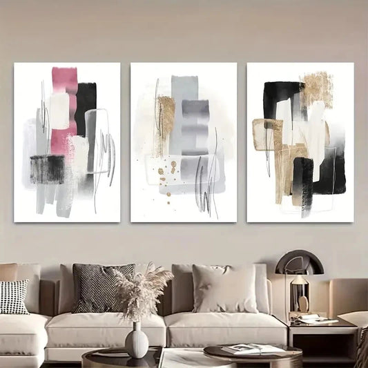 3pcs Black Pink and Silvery Des Contemporary Metal Print Ready to Hang Art