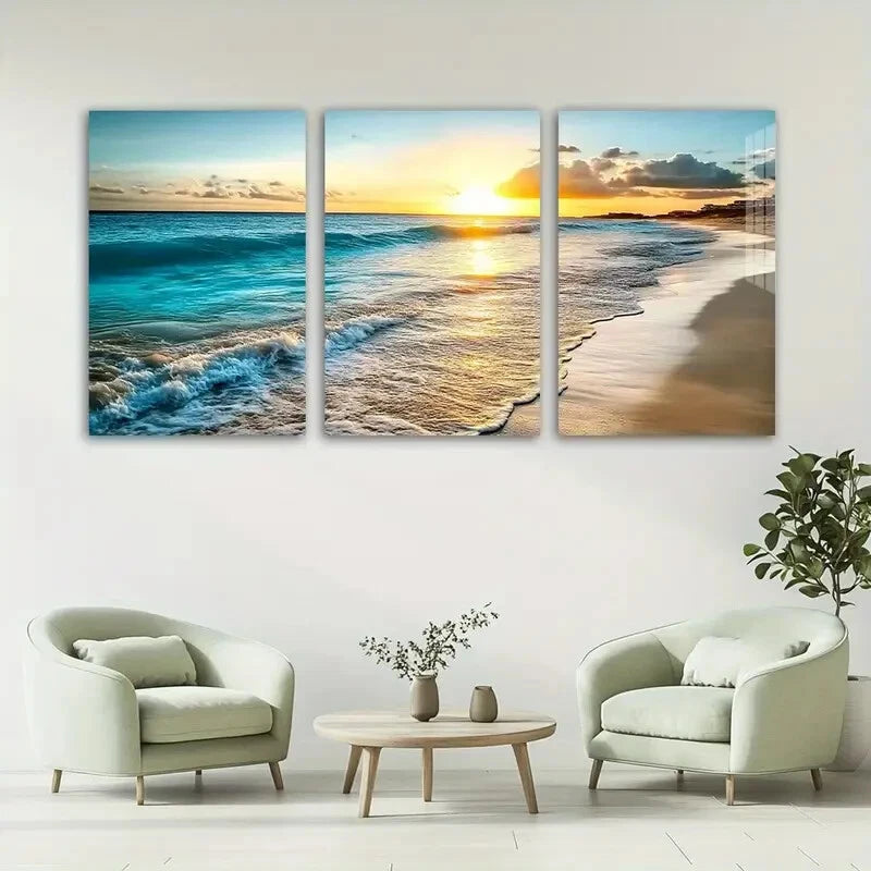 3pcs Sunset Beach Vibrant Nature Metal Print Ready to Hang Art